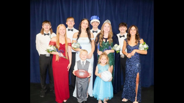 The 2026 Cedar Mountain Homecoming Court: (front row) Riley Johnson, Orrin Van Nurden, (back) Zachary Janke, Grace Hamre, Logan Welch, Marlie Wildt, King Owen Dittbenner, Queen Kendra Erickson, James Hacker and Aubrey Steffl. Cedar Mountain celebrated with a parade, the Coronation, a Pep Fest, wins for the volleyball team over BLHS and GFW, and a football game against Nicollet. It was a great Homecoming week! (Submitted photo)